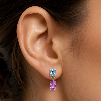 Detail of the blue topaz and pink sapphire drop setting