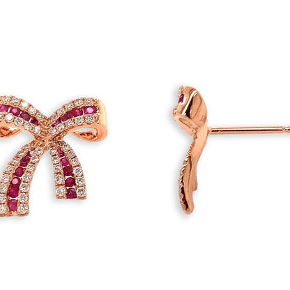 18k gold bow stud earrings with ruby and diamond accents