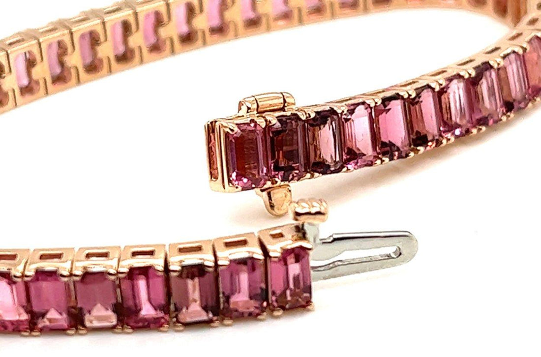 Bracelet 18kt Rose Gold Emerald Cut Pink Tourmalines Tennis - Diamond Tales Fine Jewelry
