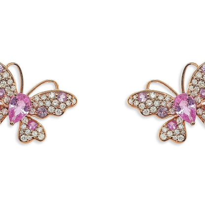 18k rose gold butterfly stud earrings with pavé pink sapphires and diamond center accents