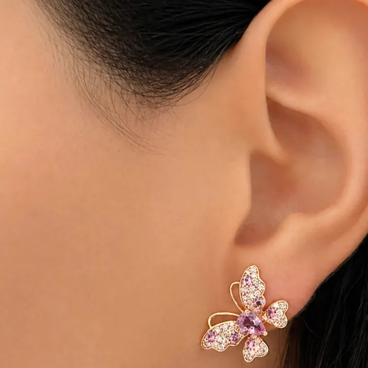 18k rose gold butterfly stud earrings with pavé pink sapphires and diamond center accents