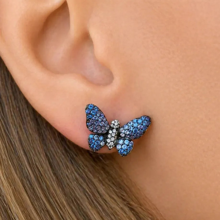18k white gold butterfly earrings with ombré sapphires and diamond accents