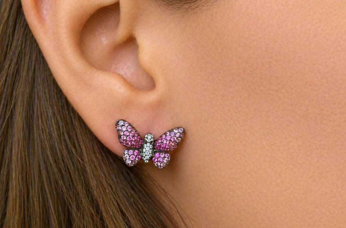 18k white gold butterfly earrings with ombré sapphires and diamond accents