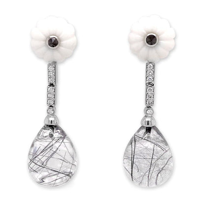 18k white gold drop earrings with carved white onyx, rutilated quartz, and diamond accents