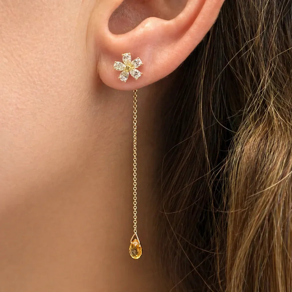 18k yellow gold stud earrings with detachable gemstone chain back