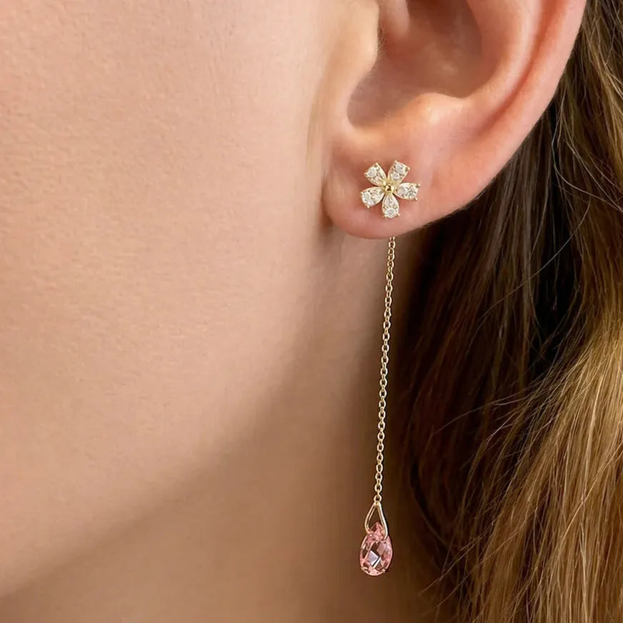 18k yellow gold stud earrings with detachable gemstone chain back