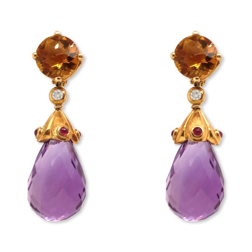 18k yellow gold citrine ruby cabochon and amethyst teardrop earrings by Diamond Tales
