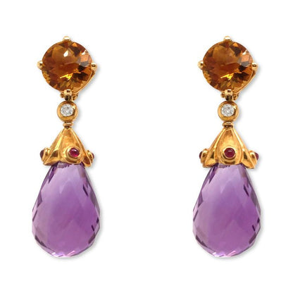18k yellow gold citrine ruby cabochon and amethyst teardrop earrings by Diamond Tales