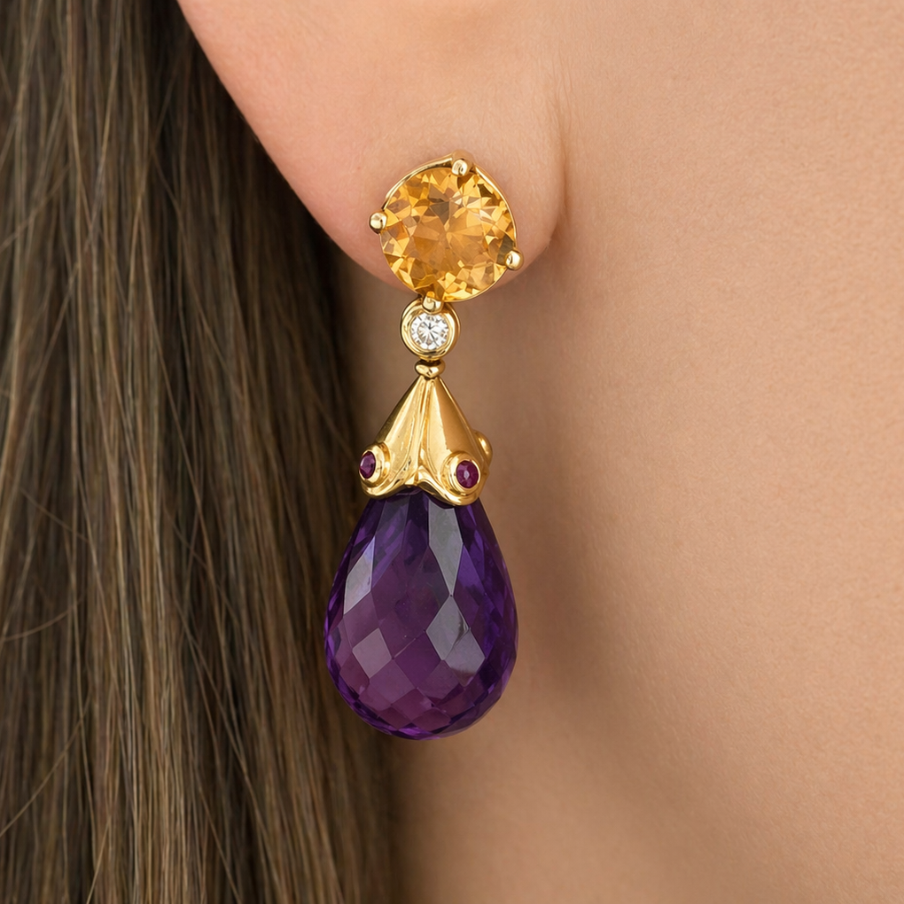 18k yellow gold citrine ruby cabochon and amethyst teardrop earrings by Diamond Tales