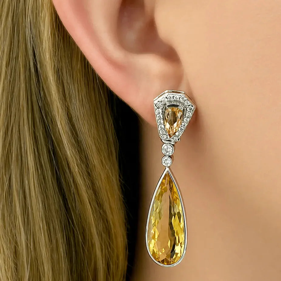 18k gold drop earrings with citrine, precious topaz accents, and diamonds