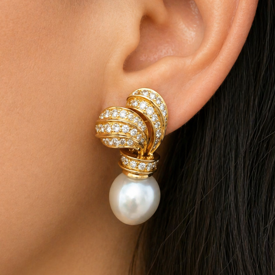 18k yellow gold South Sea pearl and diamond earrings by Diamond Tales