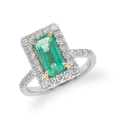 18 k white gold ring with 1.23 ct untreated Colombian emerald and diamonds