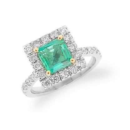 18k white gold ring with Colombian square emerald and diamond accents