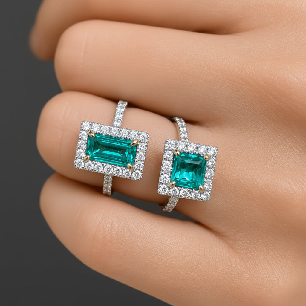 18k white gold ring with Colombian square emerald and diamond accents