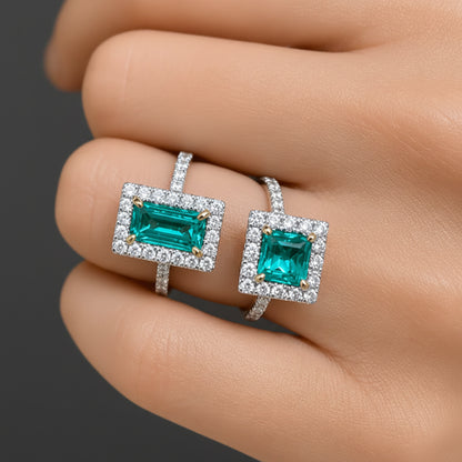 18k white gold ring with Colombian square emerald and diamond accents