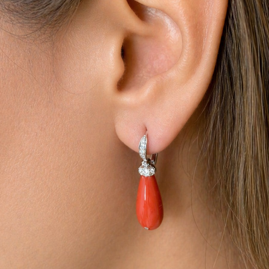 14k white gold coral and diamond earrings by Diamond Tales