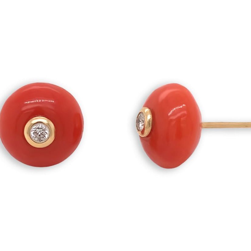 18k gold coral and diamond stud earrings by Diamond Tales