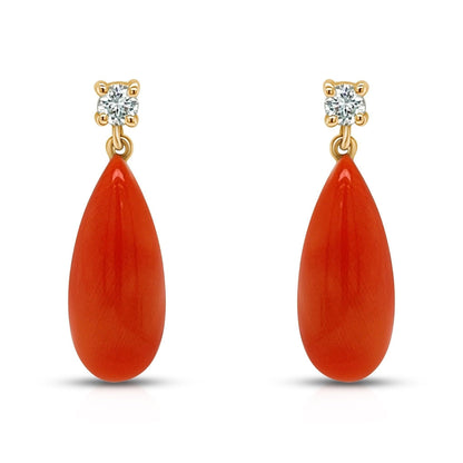 18k gold coral drop earrings with diamonds