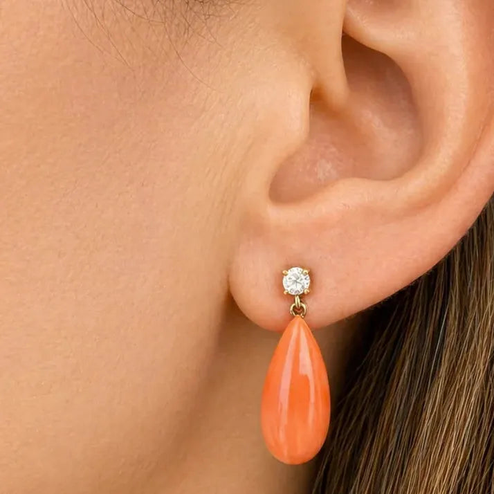 18k gold coral drop earrings with diamonds