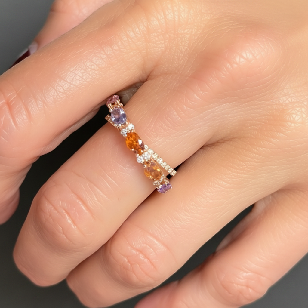 14k gold criss-cross ring with multicolor sapphires and round brilliant diamonds by Diamond Tales