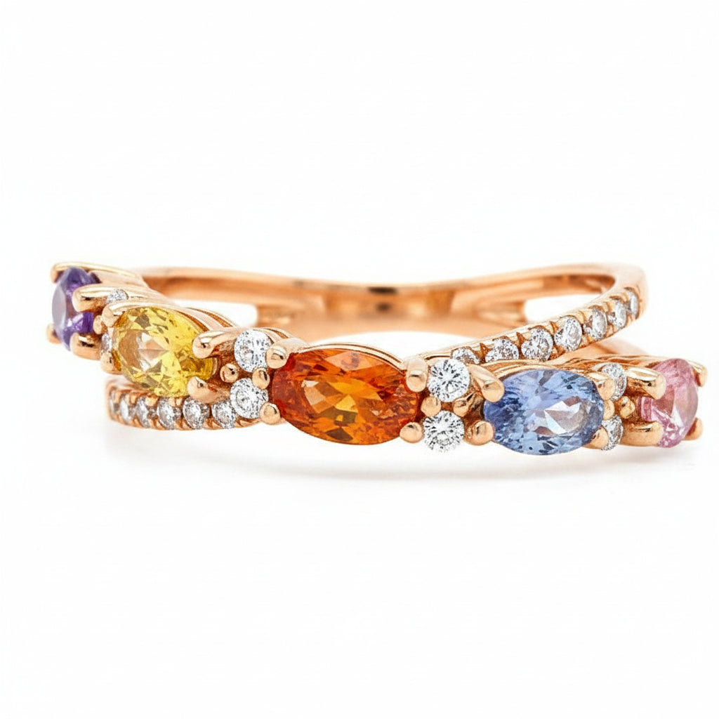 14k gold criss-cross ring with multicolor sapphires and round brilliant diamonds by Diamond Tales