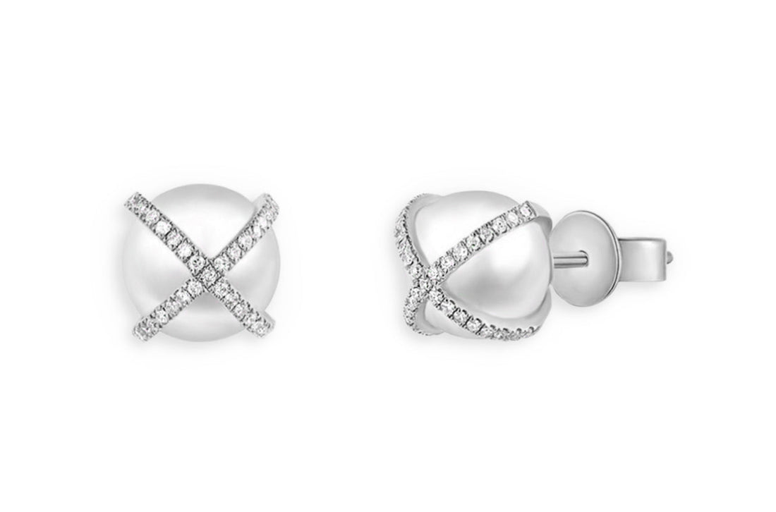 14k gold criss-cross stud earrings with South Sea pearls and diamond accents
