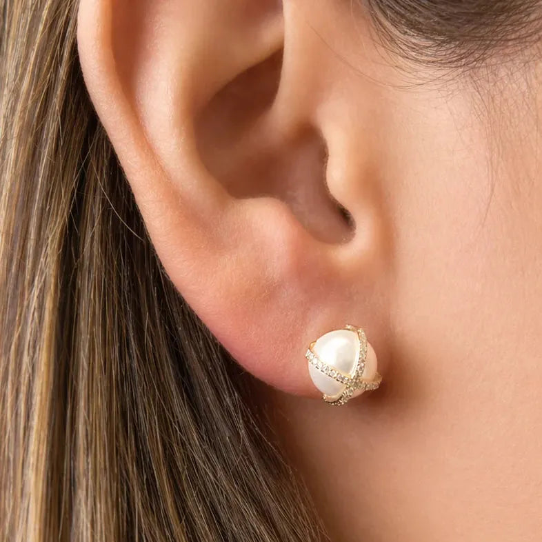 14k gold criss-cross stud earrings with South Sea pearls and diamond accents