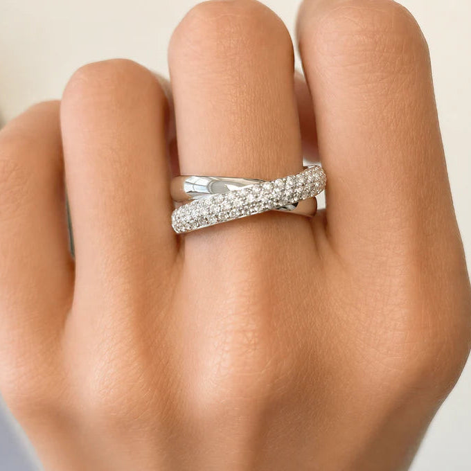18k gold crossover ring with diamond accents