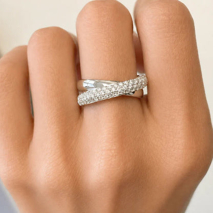 18k gold crossover ring with diamond accents