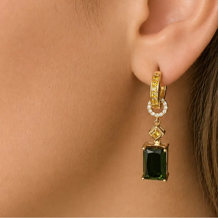 18k gold hoop earrings with detachable green tourmaline and sapphire diamond drop accents
