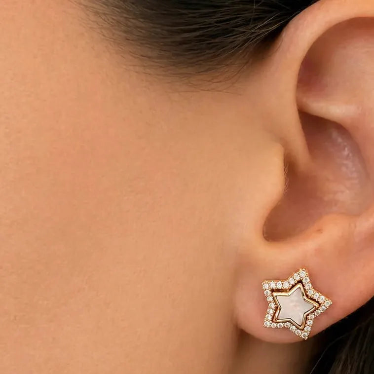18k rose gold stud earrings with detachable mother‑of‑pearl stars and diamond halo