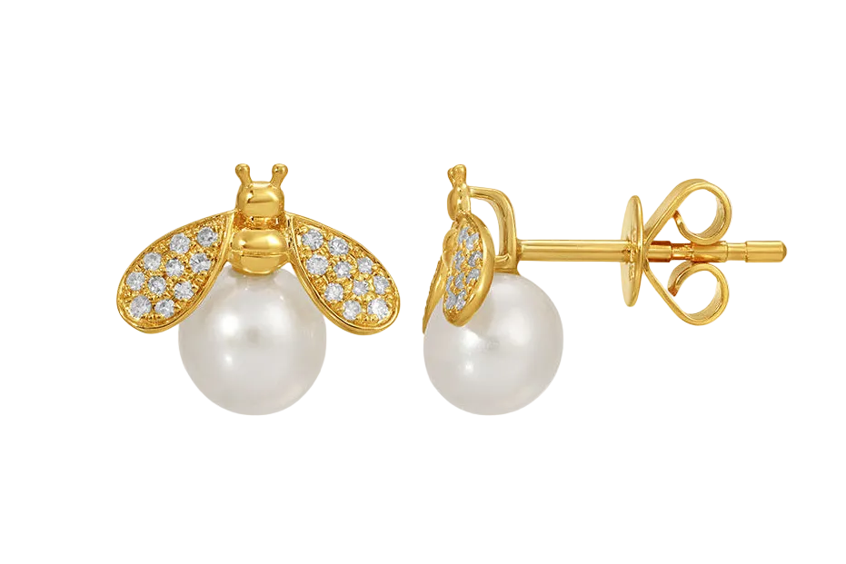 diamond bee and pearl stud earrings in 14k gold with diamond accents