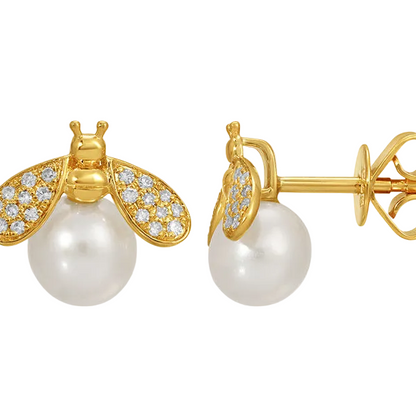 diamond bee and pearl stud earrings in 14k gold with diamond accents