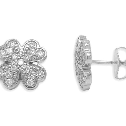 18k gold clover-shaped stud earrings with diamond pavé