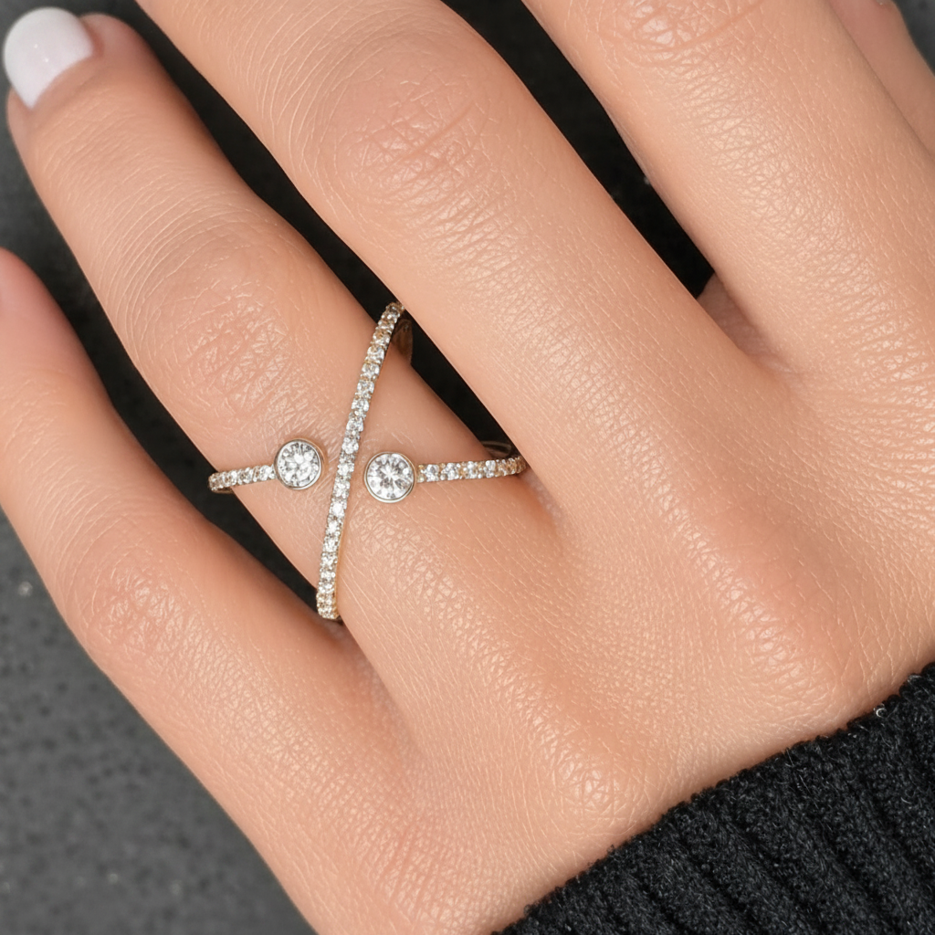 14k yellow gold criss-cross ring with round brilliant diamonds by Diamond Tales