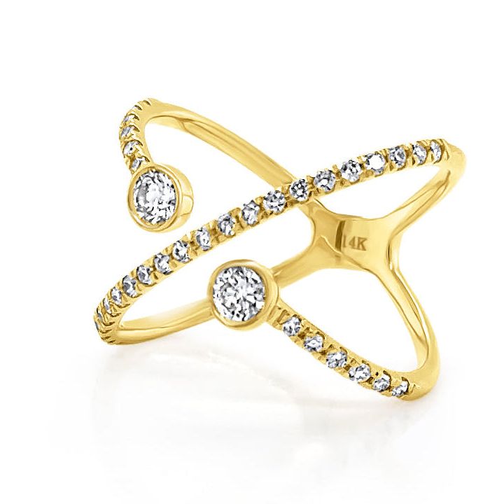 14k yellow gold criss-cross ring with round brilliant diamonds by Diamond Tales