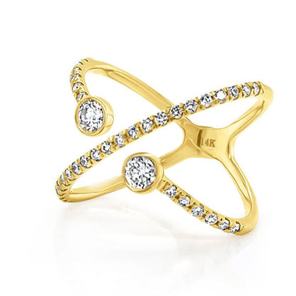 14k yellow gold criss-cross ring with round brilliant diamonds by Diamond Tales