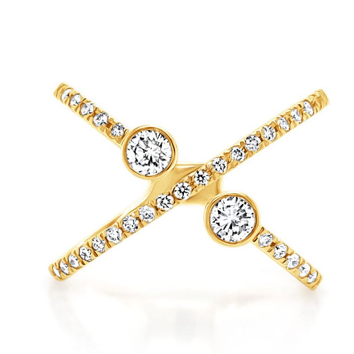 14k yellow gold criss-cross ring with round brilliant diamonds by Diamond Tales