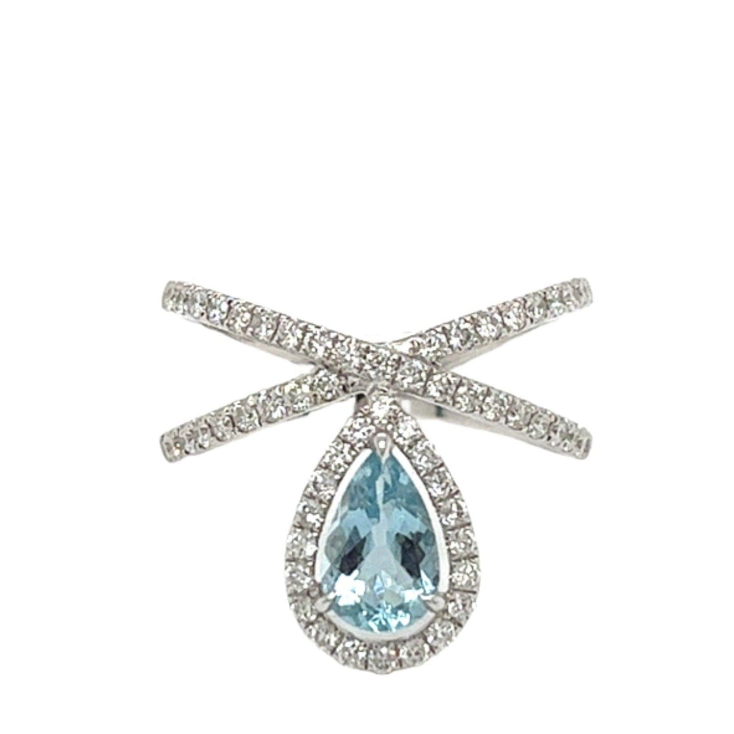 18k white gold criss-cross ring with round brilliant diamonds by Diamond Tales