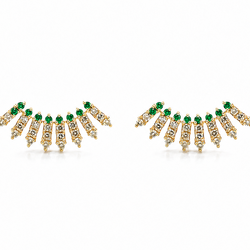 Diamond and emerald ear crawler earrings in 14k yellow gold, front view