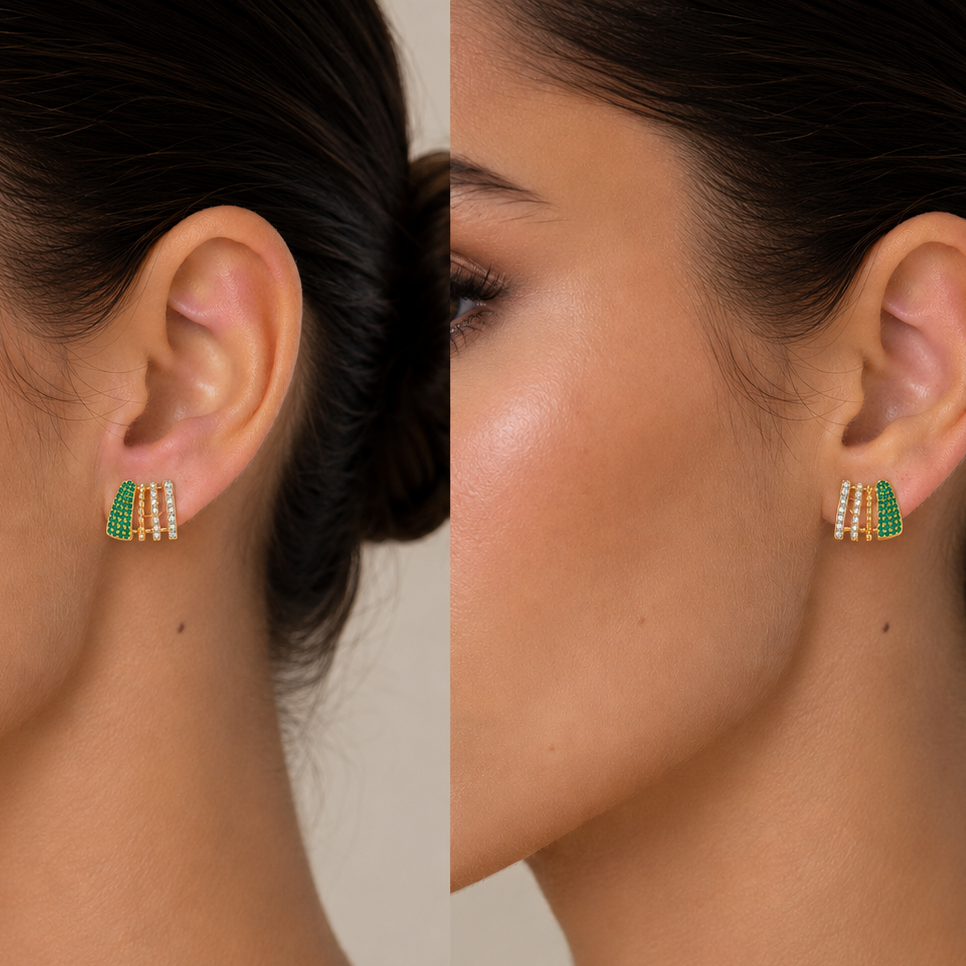 diamond and emerald lobe stud earrings in 14k gold, detail view