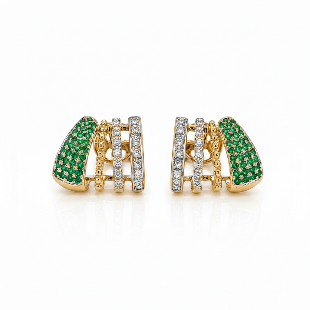 14k two tone gold stud earrings with diamonds and natural emeralds