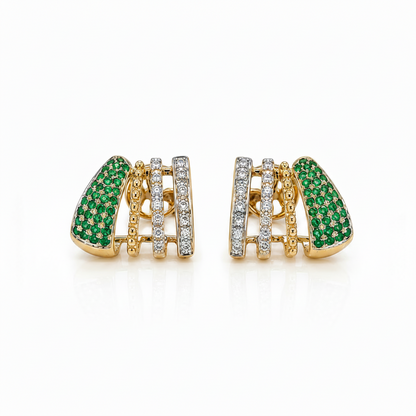 14k two tone gold stud earrings with diamonds and natural emeralds