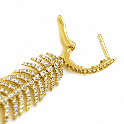 articulated diamond feather drop earring, detail view