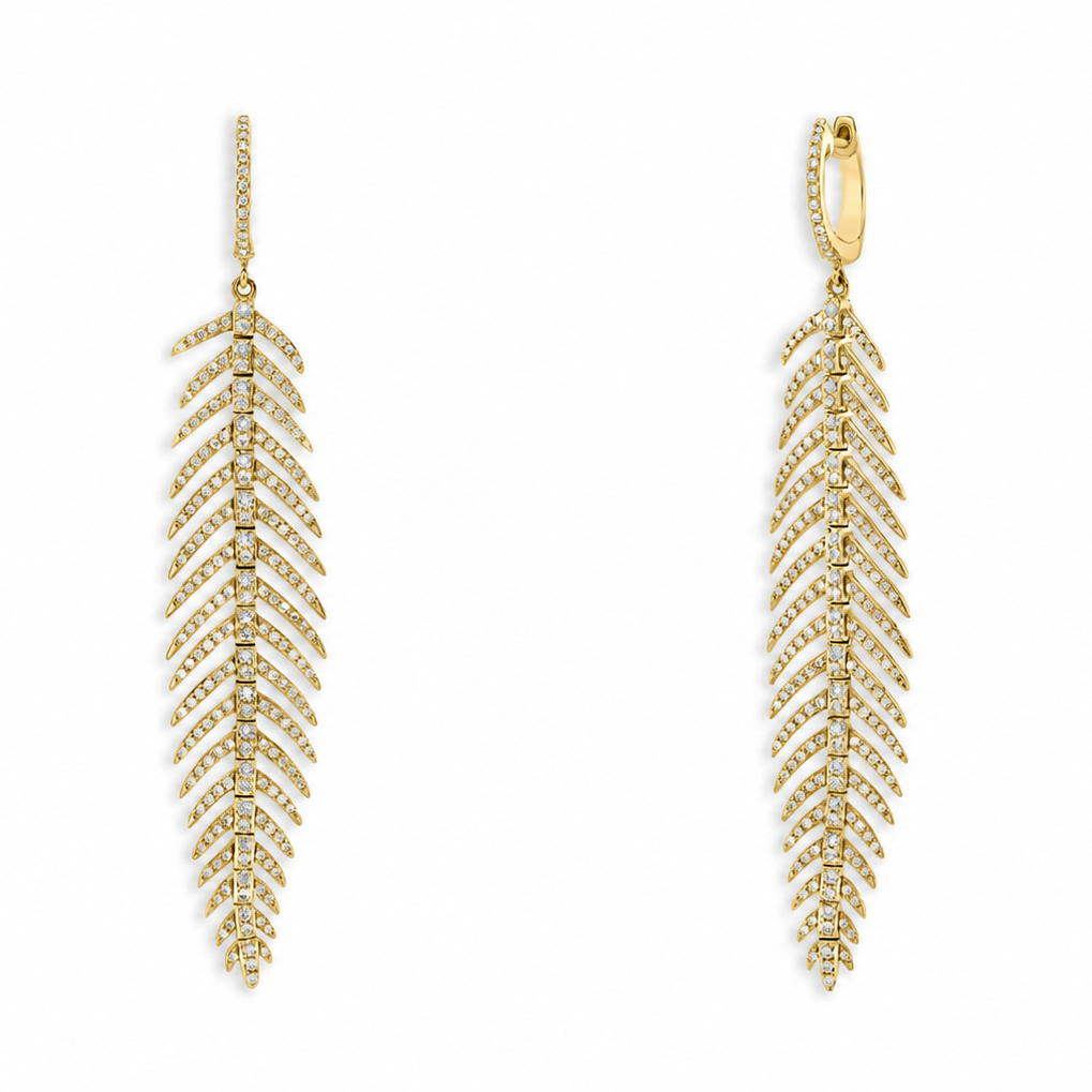 18k yellow gold feather drop earrings with 352 natural diamonds