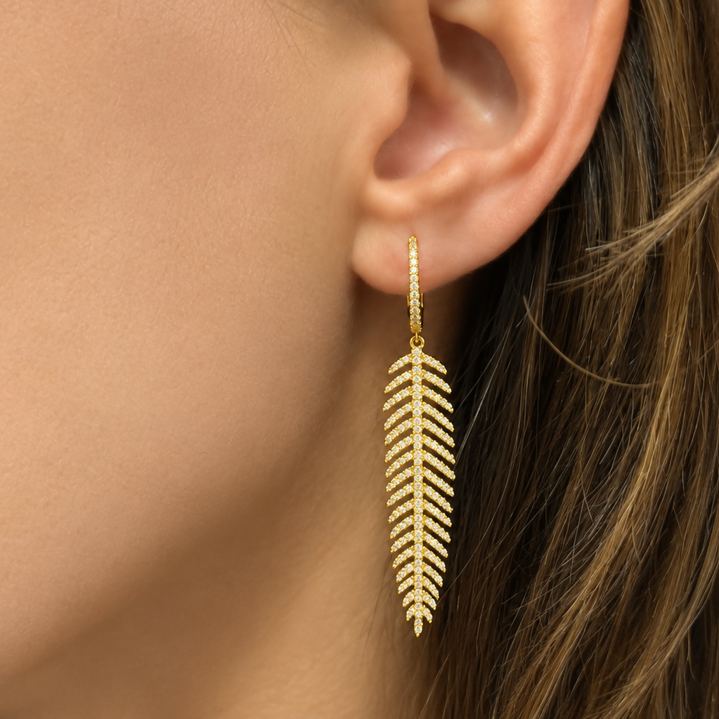 diamond feather earrings in 18k yellow gold, full length view