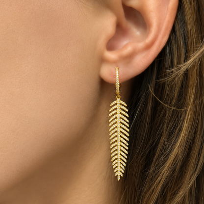 diamond feather earrings in 18k yellow gold, full length view