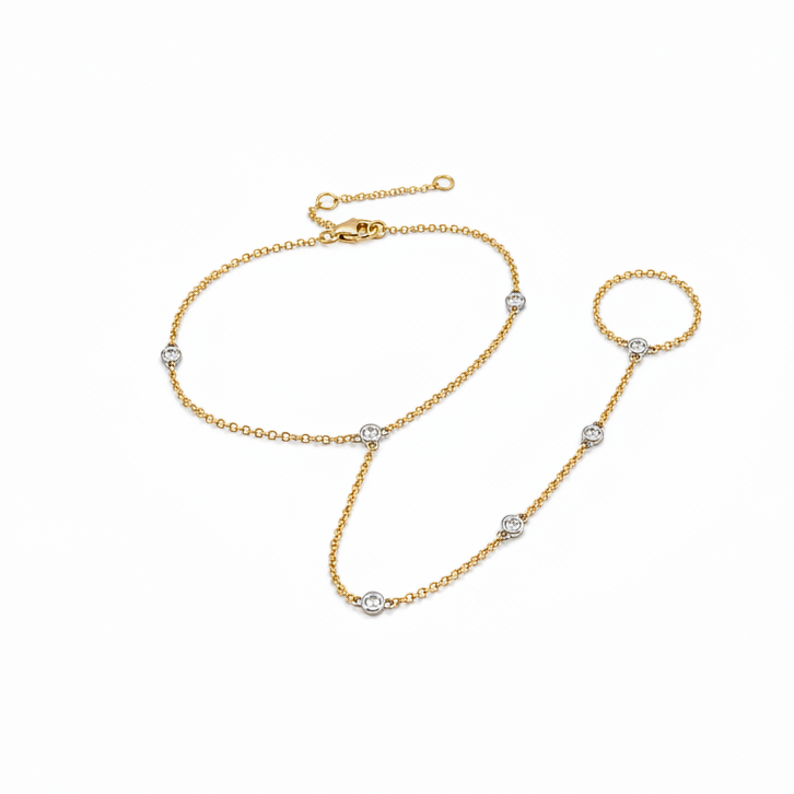 14k two tone gold diamond hand chain bracelet with attached ring