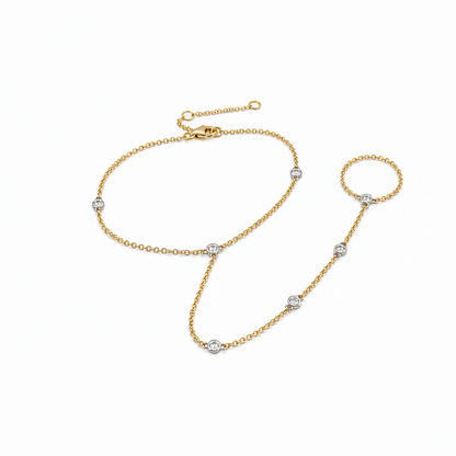 14k two tone gold diamond hand chain bracelet with attached ring
