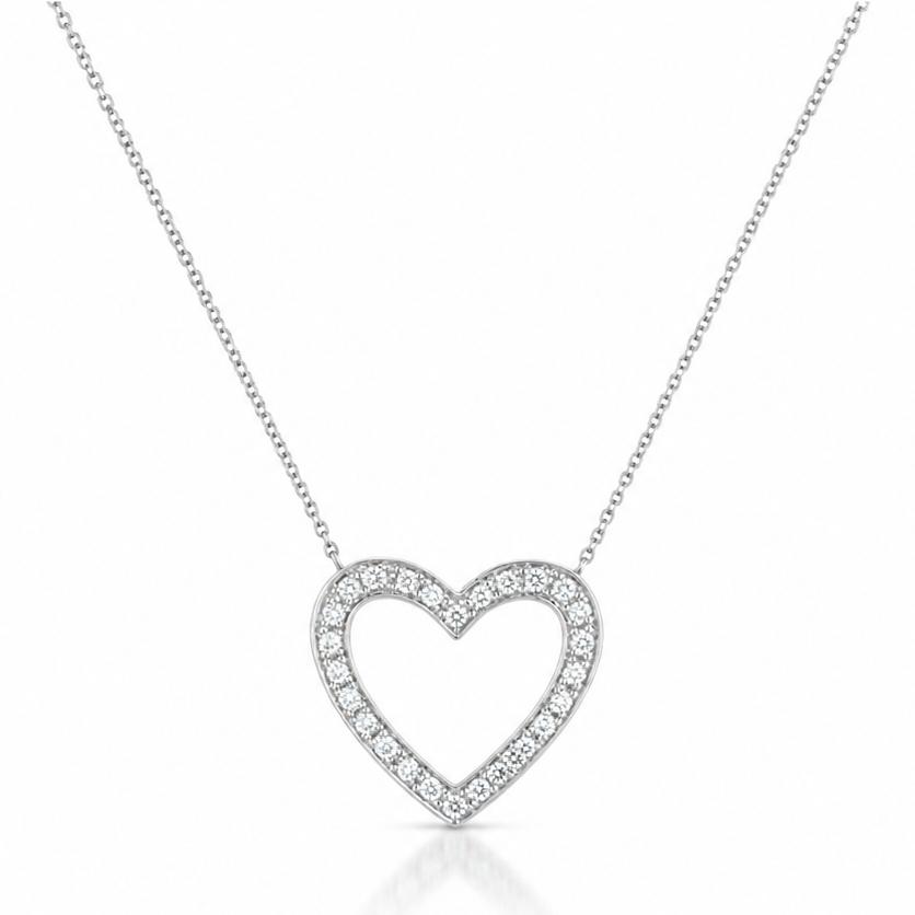 14k white gold heart pendant necklace outlined with 26 diamonds